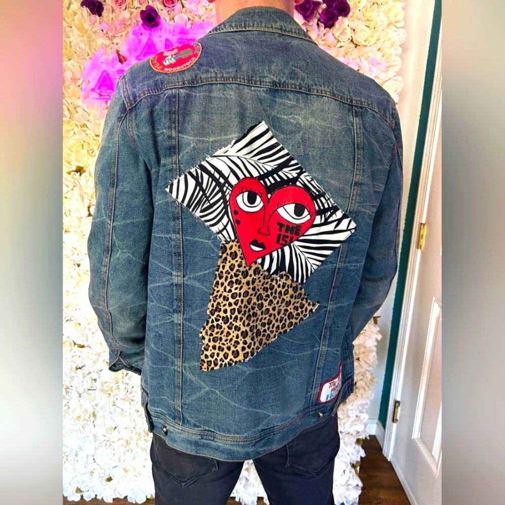 SOLD: Custom denim jacket with canvas, fabric medium drawn and painted/sewn